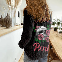 In October We Wear Pink Breast Cancer Awareness Women Casual Shirt Skull and Roses - Black - Wonder Print Shop
