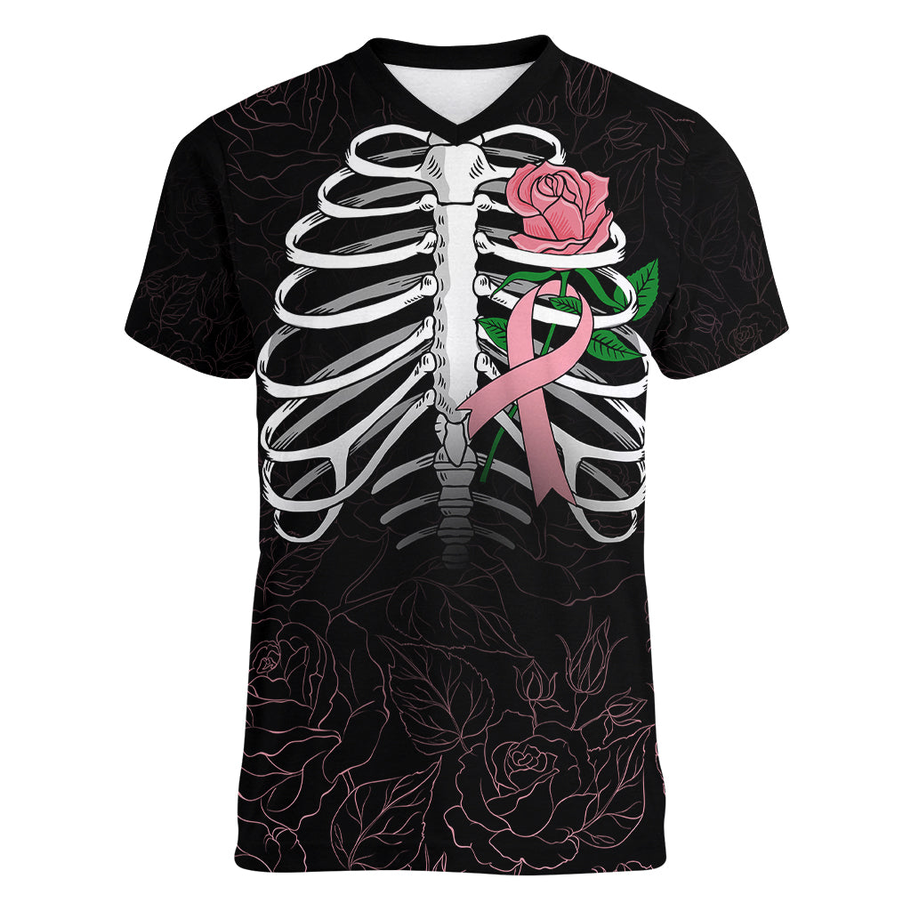 In October We Wear Pink Breast Cancer Awareness Women V Neck T Shirt Skull and Roses - Black - Wonder Print Shop