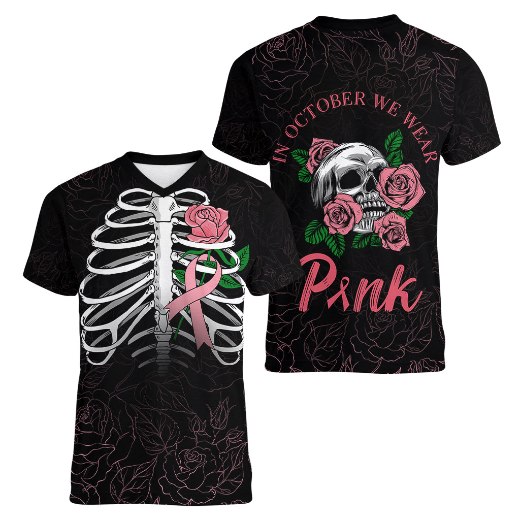 In October We Wear Pink Breast Cancer Awareness Women V Neck T Shirt Skull and Roses - Black - Wonder Print Shop