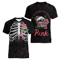 In October We Wear Pink Breast Cancer Awareness Women V Neck T Shirt Skull and Roses - Black - Wonder Print Shop