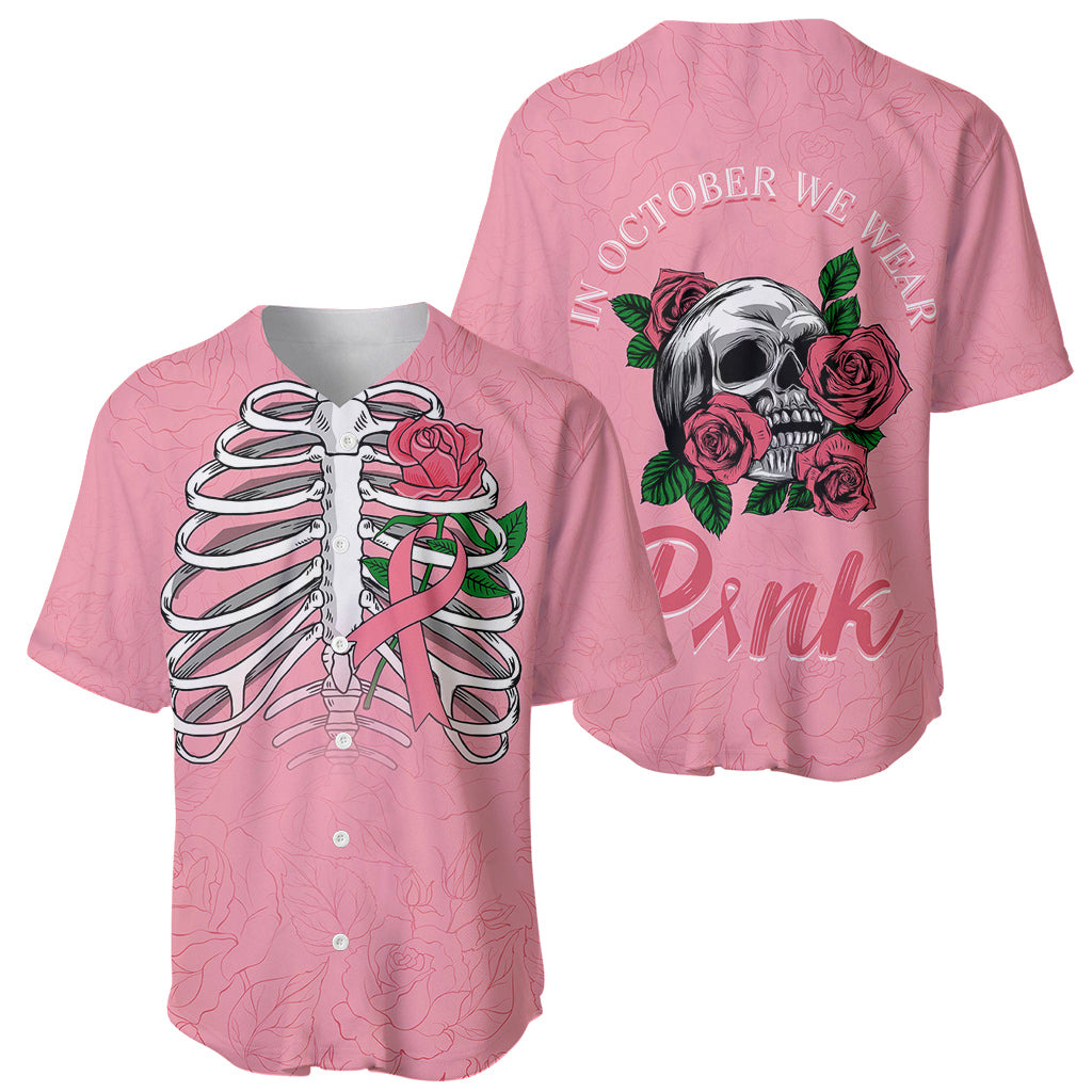 In October We Wear Pink Breast Cancer Awareness Baseball Jersey Skull and Roses - Pink LT7 - Wonder Print Shop