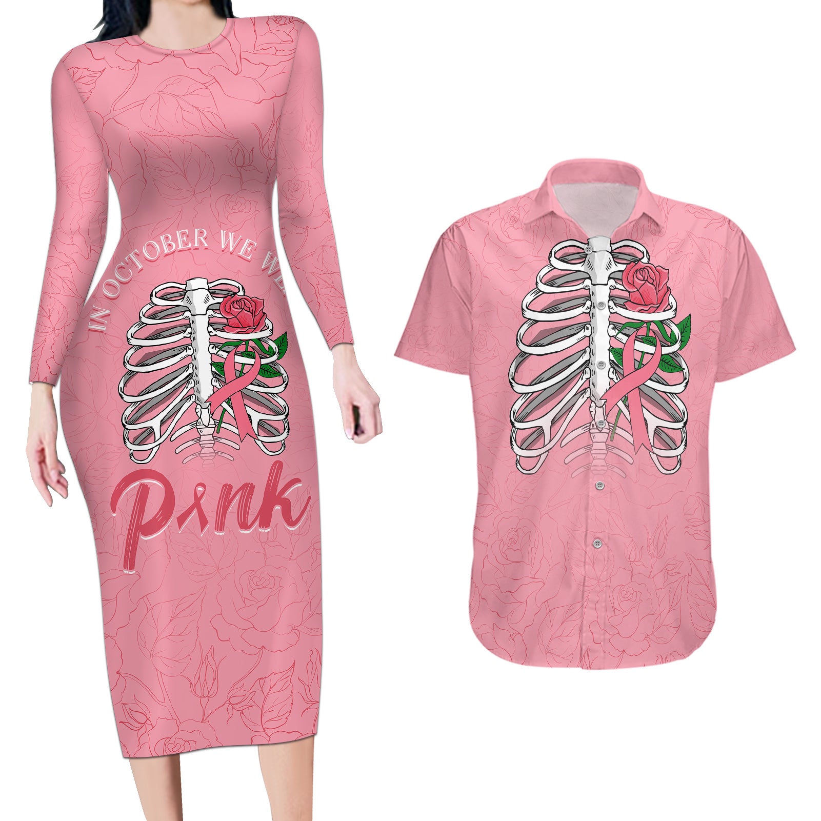 In October We Wear Pink Breast Cancer Awareness Couples Matching Long Sleeve Bodycon Dress and Hawaiian Shirt Skull and Roses - Pink LT7 - Wonder Print Shop