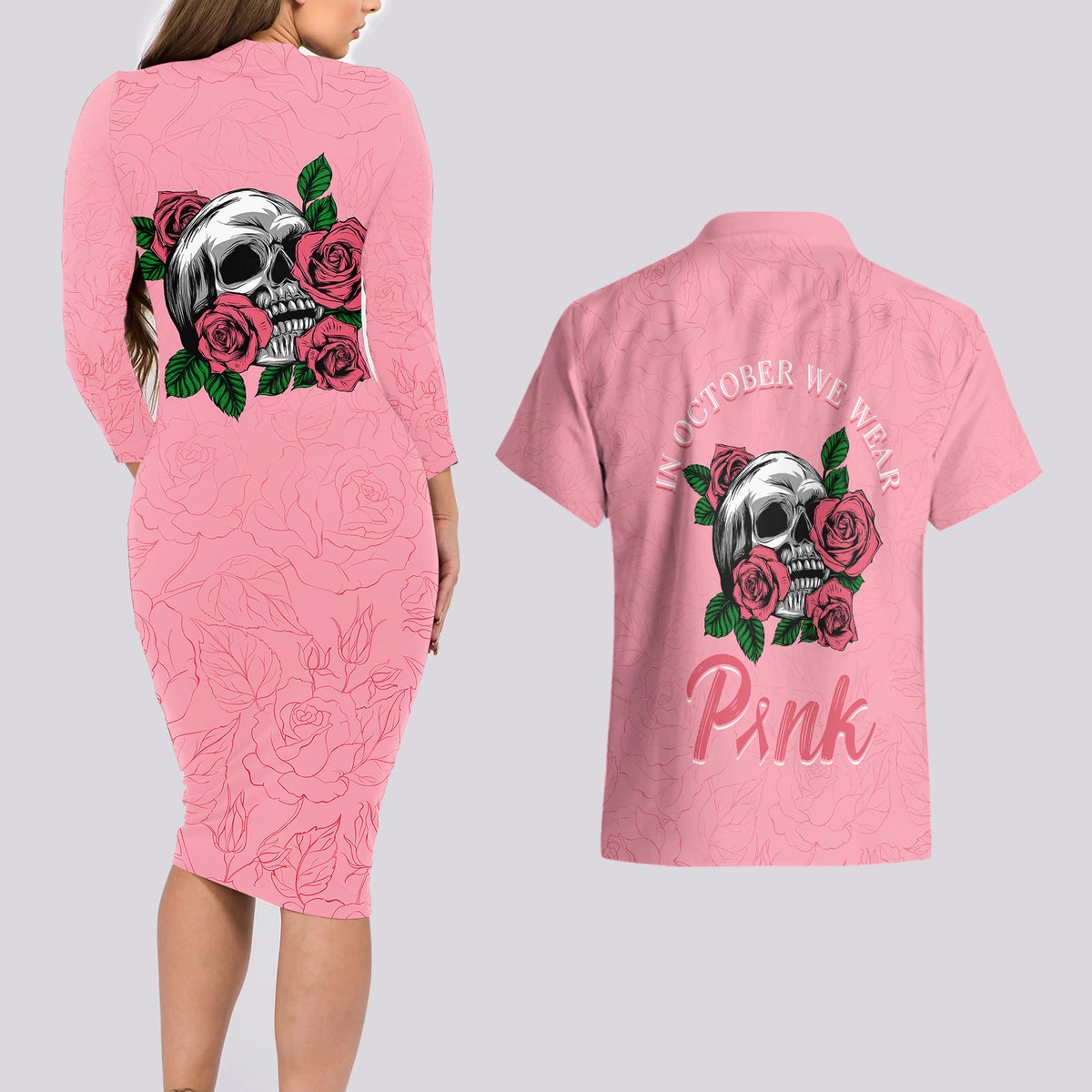 In October We Wear Pink Breast Cancer Awareness Couples Matching Long Sleeve Bodycon Dress and Hawaiian Shirt Skull and Roses - Pink LT7 - Wonder Print Shop