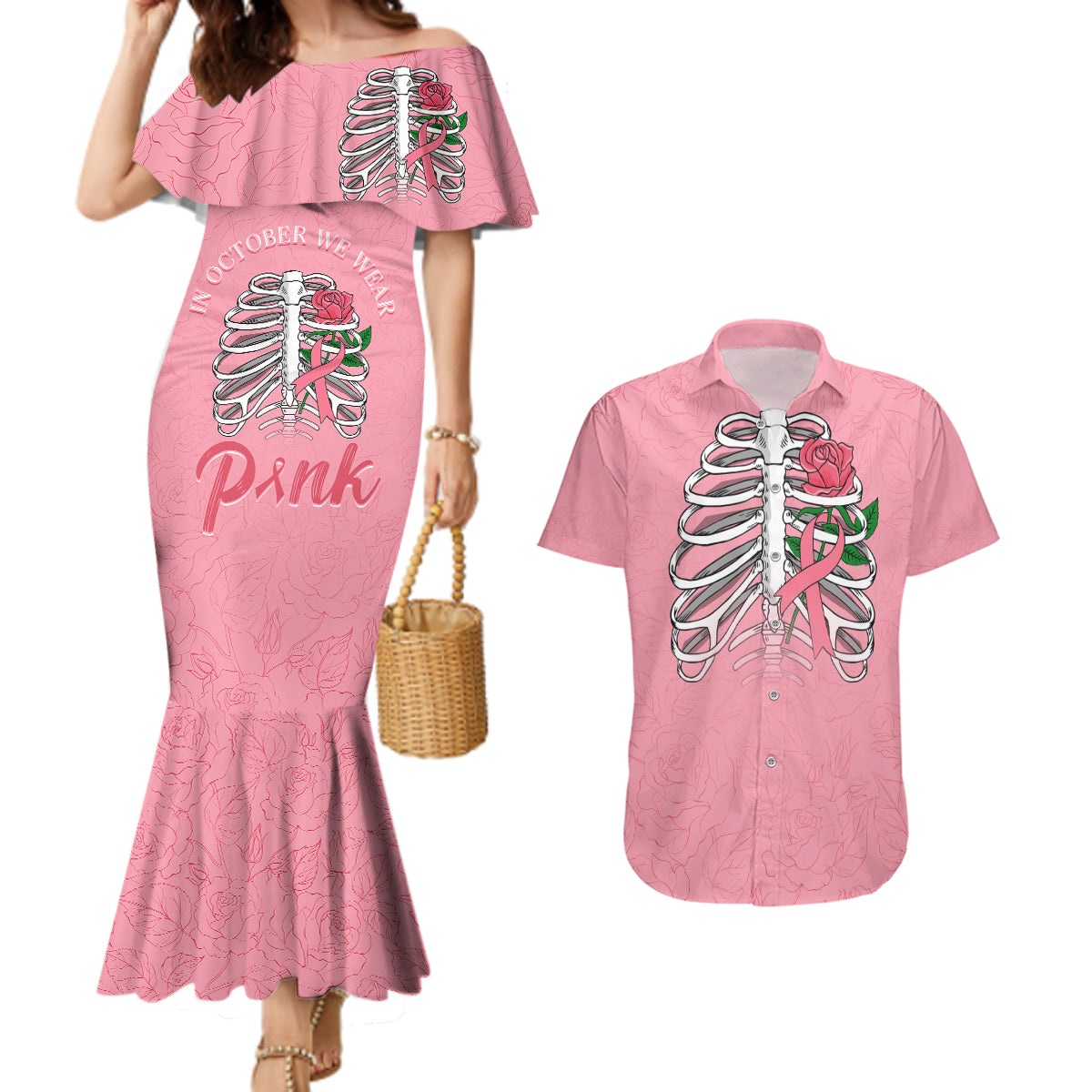 In October We Wear Pink Breast Cancer Awareness Couples Matching Mermaid Dress and Hawaiian Shirt Skull and Roses - Pink LT7 - Wonder Print Shop