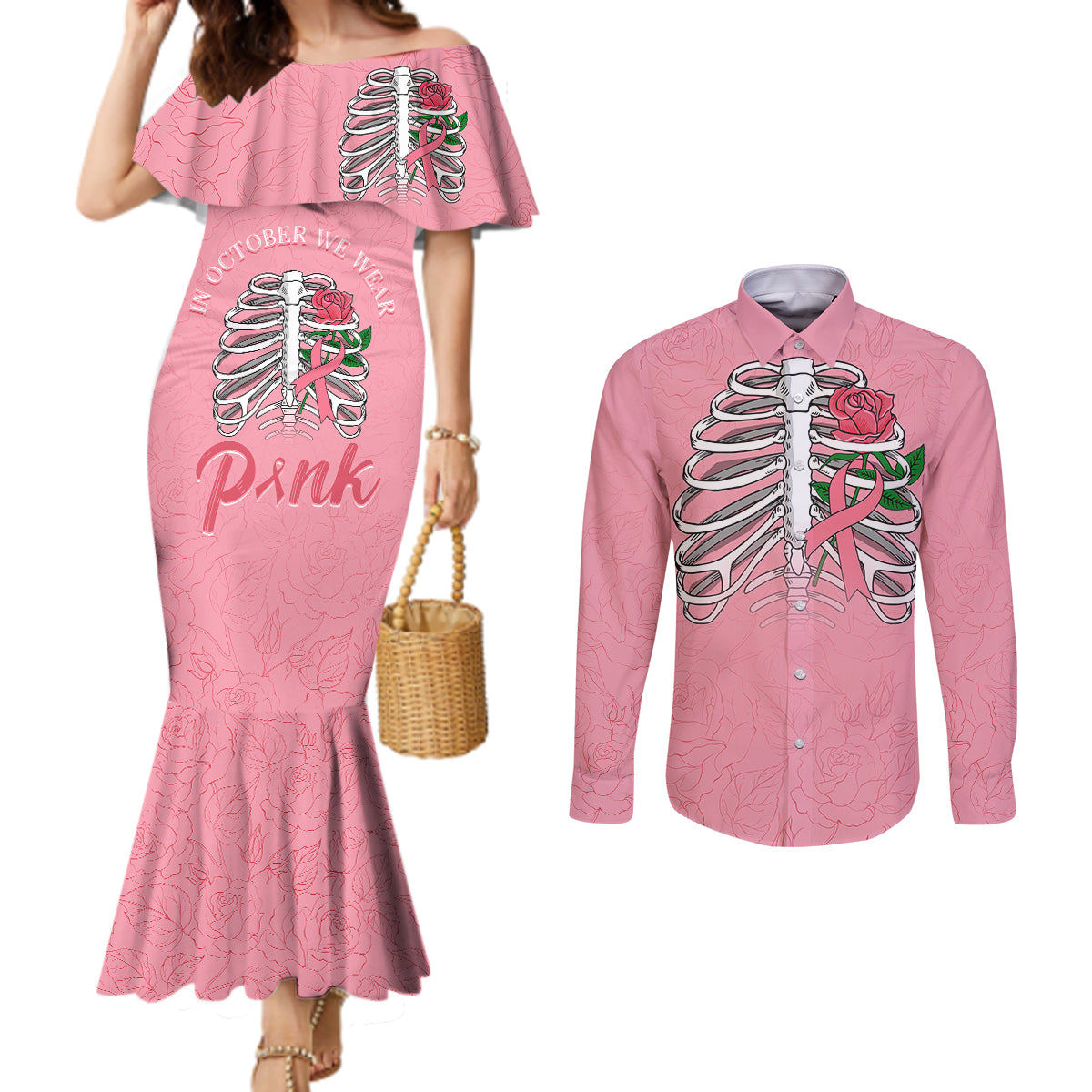 in-october-we-wear-pink-breast-cancer-awareness-couples-matching-mermaid-dress-and-long-sleeve-button-shirts-skull-and-roses-pink