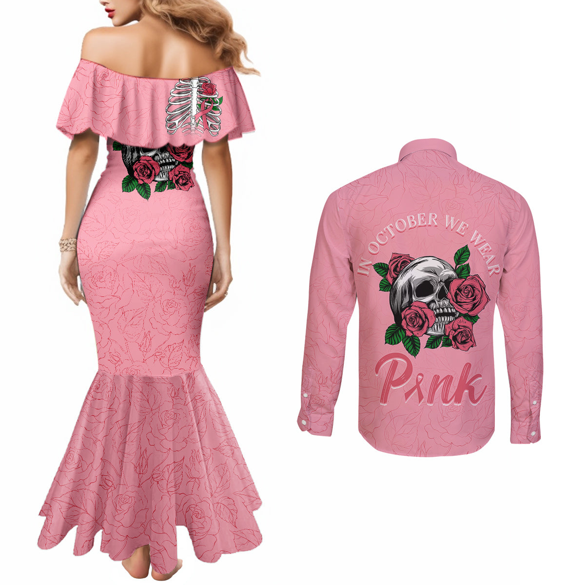 in-october-we-wear-pink-breast-cancer-awareness-couples-matching-mermaid-dress-and-long-sleeve-button-shirts-skull-and-roses-pink
