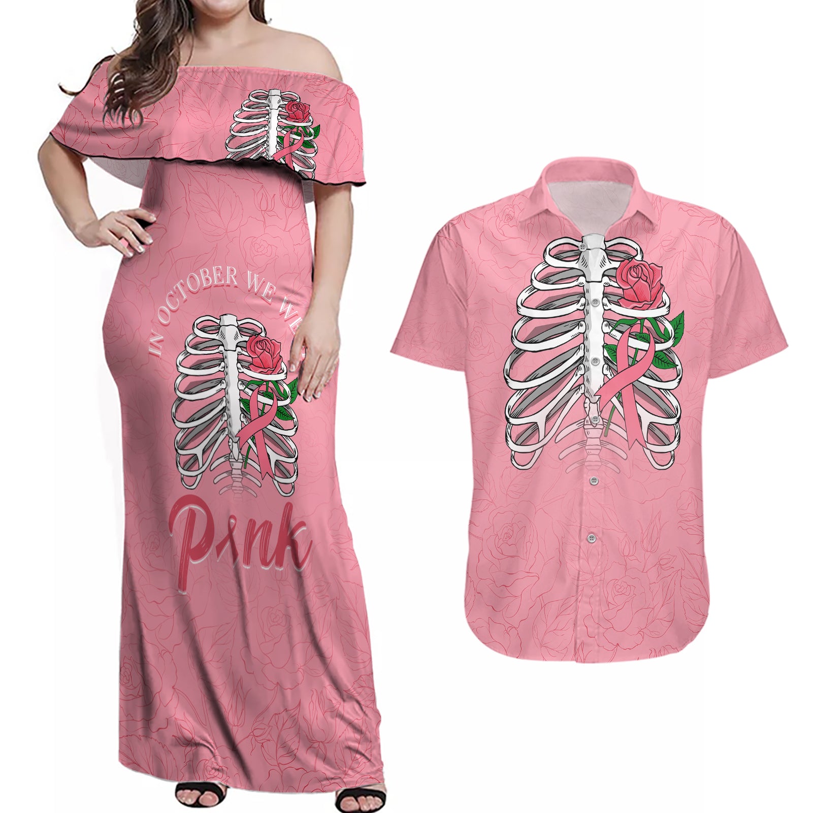 In October We Wear Pink Breast Cancer Awareness Couples Matching Off Shoulder Maxi Dress and Hawaiian Shirt Skull and Roses - Pink LT7 - Wonder Print Shop
