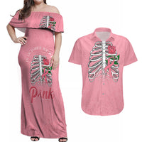 In October We Wear Pink Breast Cancer Awareness Couples Matching Off Shoulder Maxi Dress and Hawaiian Shirt Skull and Roses - Pink LT7 - Wonder Print Shop