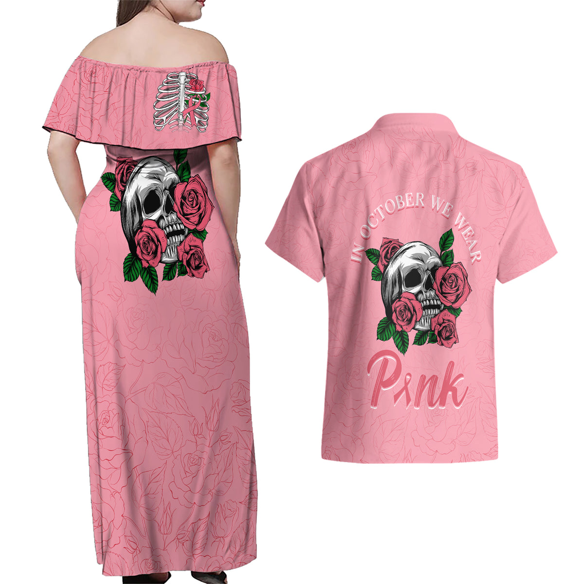 In October We Wear Pink Breast Cancer Awareness Couples Matching Off Shoulder Maxi Dress and Hawaiian Shirt Skull and Roses - Pink LT7 - Wonder Print Shop