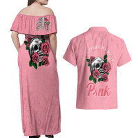 In October We Wear Pink Breast Cancer Awareness Couples Matching Off Shoulder Maxi Dress and Hawaiian Shirt Skull and Roses - Pink LT7 - Wonder Print Shop