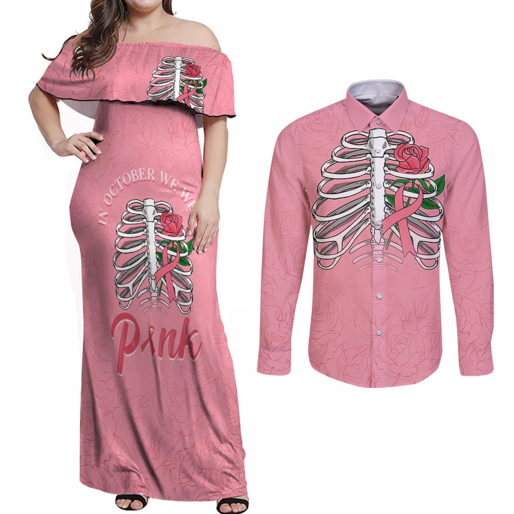 In October We Wear Pink Breast Cancer Awareness Couples Matching Off Shoulder Maxi Dress and Long Sleeve Button Shirts Skull and Roses - Pink LT7 - Wonder Print Shop
