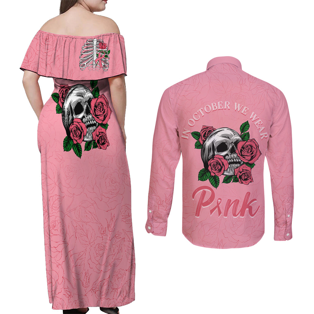 In October We Wear Pink Breast Cancer Awareness Couples Matching Off Shoulder Maxi Dress and Long Sleeve Button Shirts Skull and Roses - Pink LT7 - Wonder Print Shop