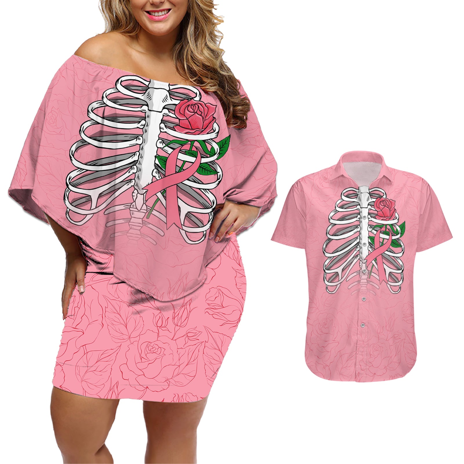 In October We Wear Pink Breast Cancer Awareness Couples Matching Off Shoulder Short Dress and Hawaiian Shirt Skull and Roses - Pink LT7 - Wonder Print Shop