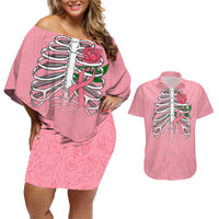 In October We Wear Pink Breast Cancer Awareness Couples Matching Off Shoulder Short Dress and Hawaiian Shirt Skull and Roses - Pink LT7 - Wonder Print Shop