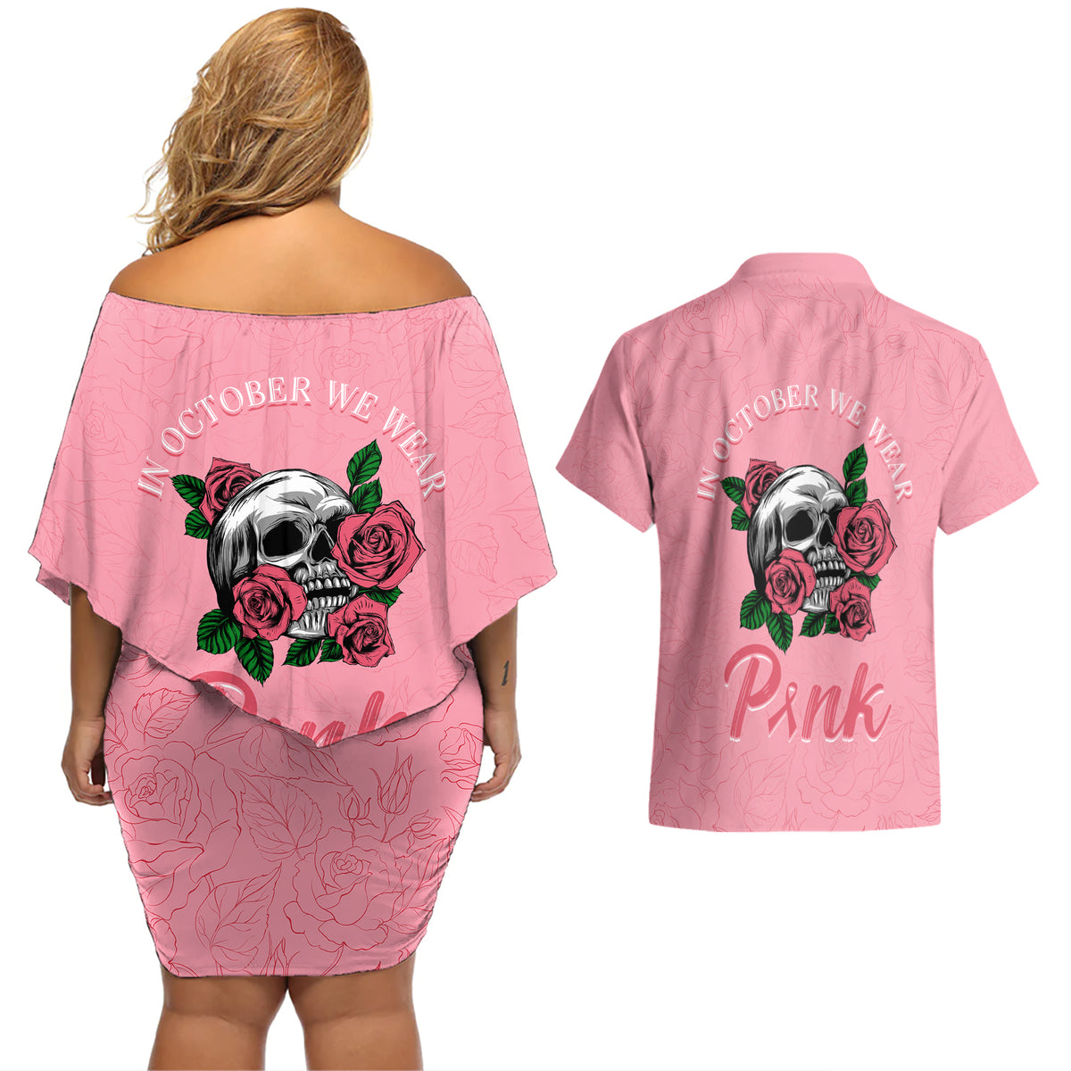 In October We Wear Pink Breast Cancer Awareness Couples Matching Off Shoulder Short Dress and Hawaiian Shirt Skull and Roses - Pink LT7 - Wonder Print Shop