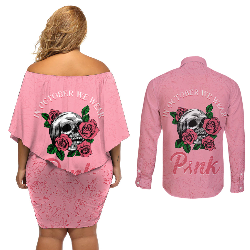 In October We Wear Pink Breast Cancer Awareness Couples Matching Off Shoulder Short Dress and Long Sleeve Button Shirts Skull and Roses - Pink LT7 - Wonder Print Shop