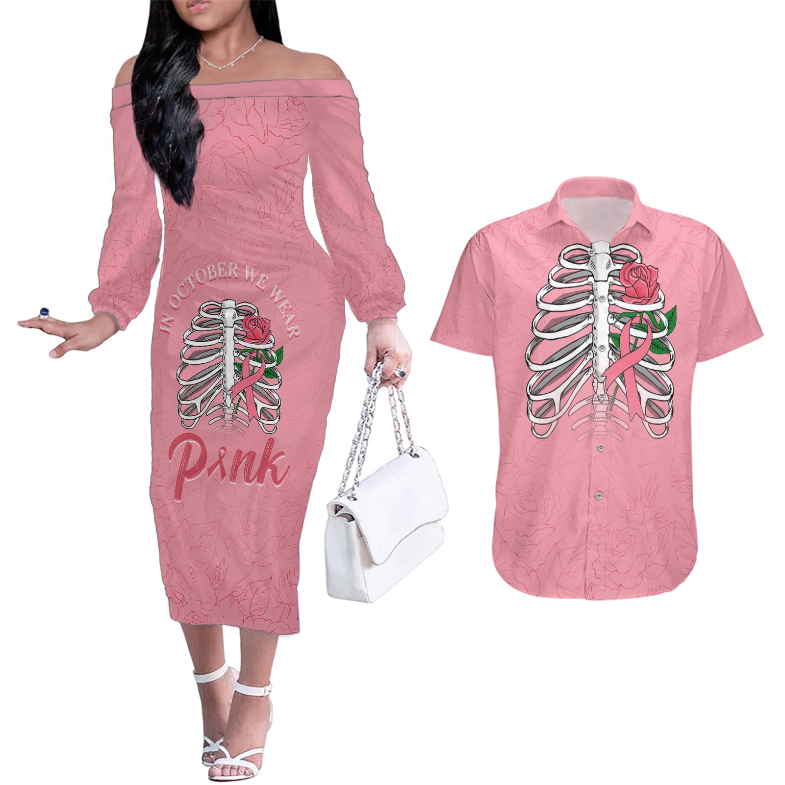In October We Wear Pink Breast Cancer Awareness Couples Matching Off The Shoulder Long Sleeve Dress and Hawaiian Shirt Skull and Roses - Pink LT7 - Wonder Print Shop