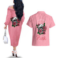 In October We Wear Pink Breast Cancer Awareness Couples Matching Off The Shoulder Long Sleeve Dress and Hawaiian Shirt Skull and Roses - Pink LT7 - Wonder Print Shop