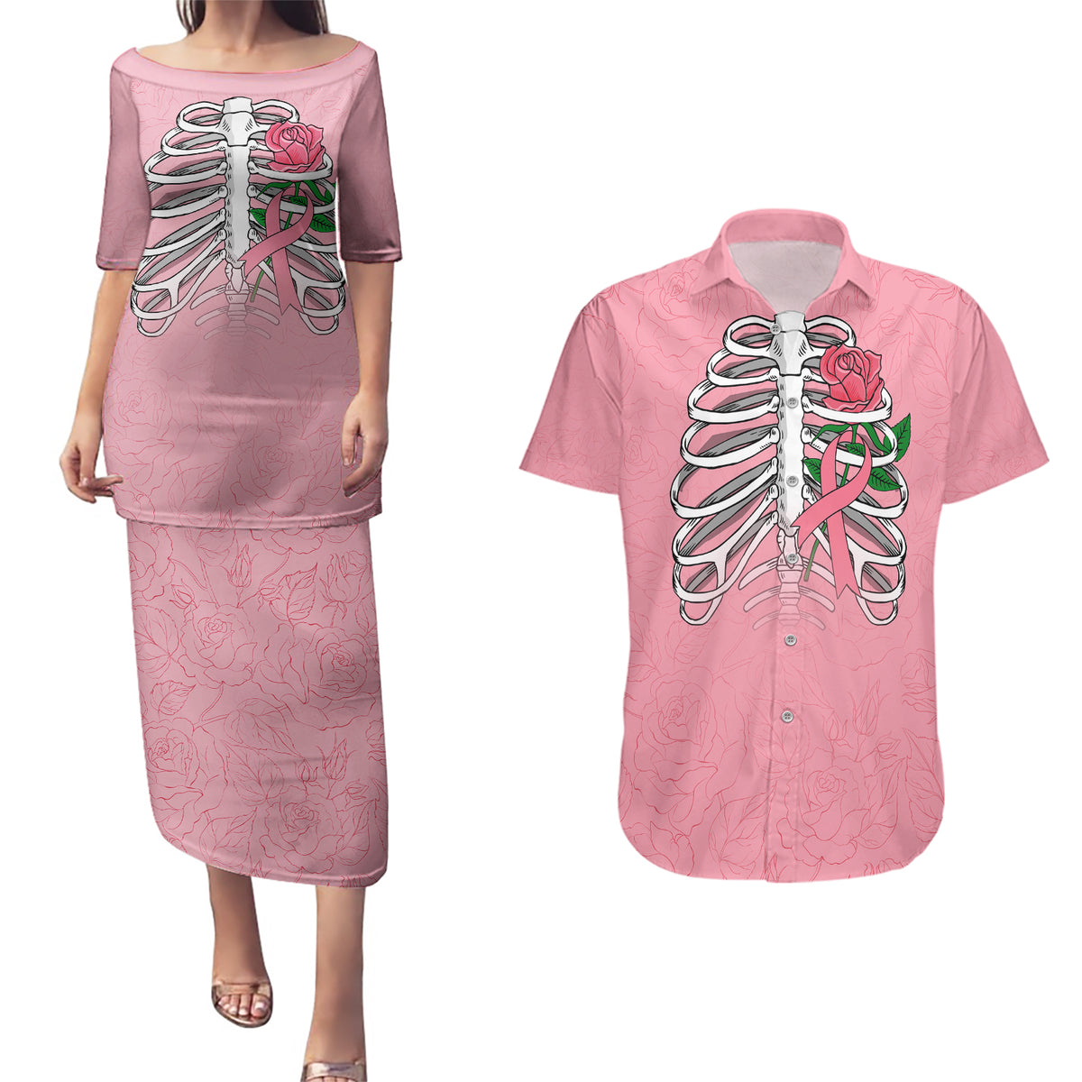 In October We Wear Pink Breast Cancer Awareness Couples Matching Puletasi Dress and Hawaiian Shirt Skull and Roses - Pink LT7 - Wonder Print Shop