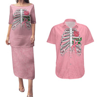 In October We Wear Pink Breast Cancer Awareness Couples Matching Puletasi Dress and Hawaiian Shirt Skull and Roses - Pink LT7 - Wonder Print Shop