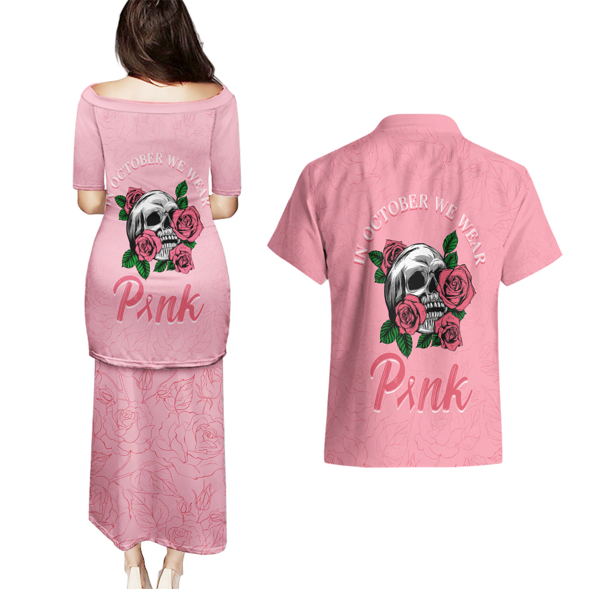 In October We Wear Pink Breast Cancer Awareness Couples Matching Puletasi Dress and Hawaiian Shirt Skull and Roses - Pink LT7 - Wonder Print Shop