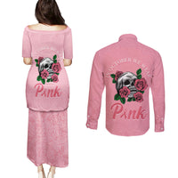 In October We Wear Pink Breast Cancer Awareness Couples Matching Puletasi Dress and Long Sleeve Button Shirts Skull and Roses - Pink LT7 - Wonder Print Shop