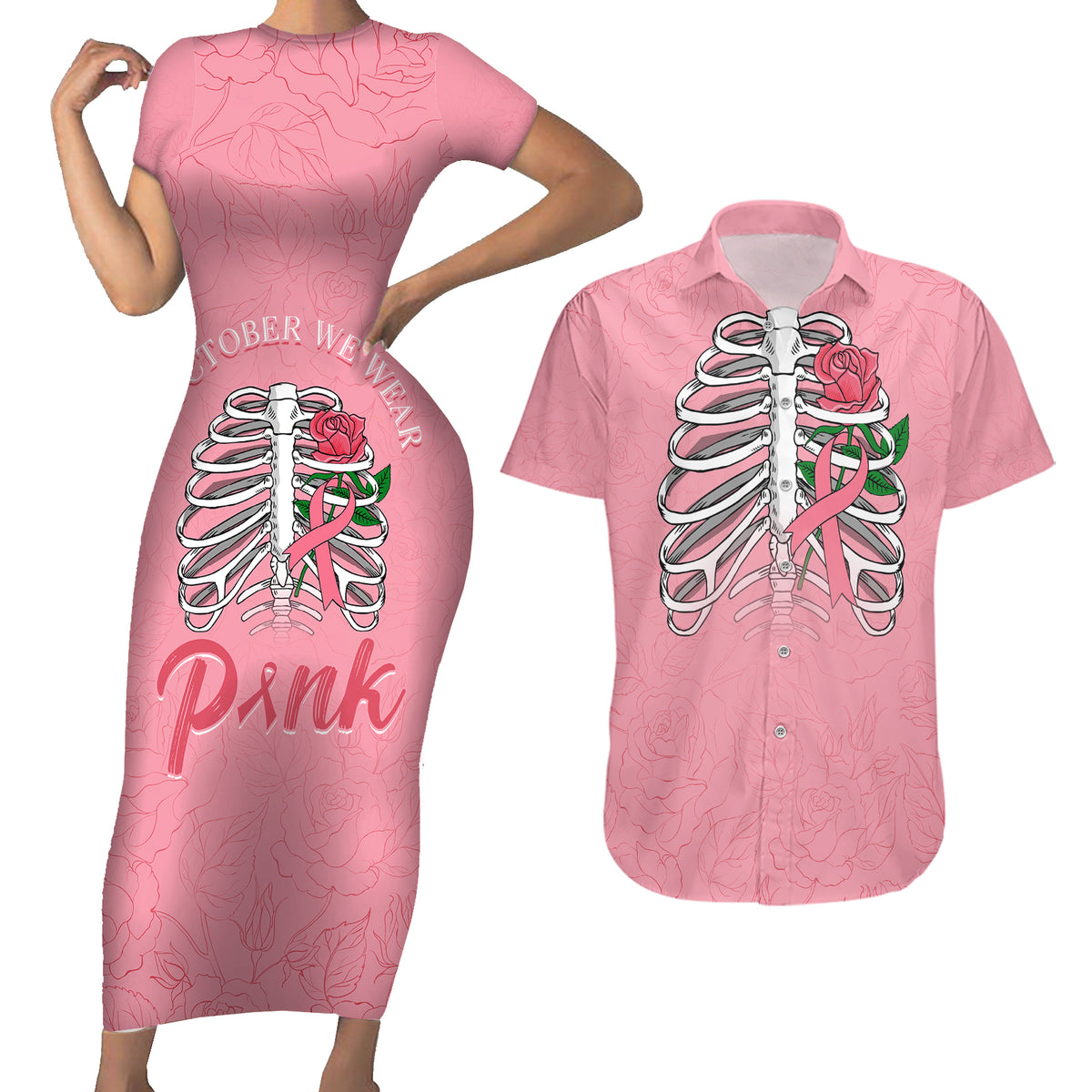 In October We Wear Pink Breast Cancer Awareness Couples Matching Short Sleeve Bodycon Dress and Hawaiian Shirt Skull and Roses - Pink LT7 - Wonder Print Shop