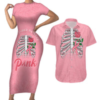 In October We Wear Pink Breast Cancer Awareness Couples Matching Short Sleeve Bodycon Dress and Hawaiian Shirt Skull and Roses - Pink LT7 - Wonder Print Shop