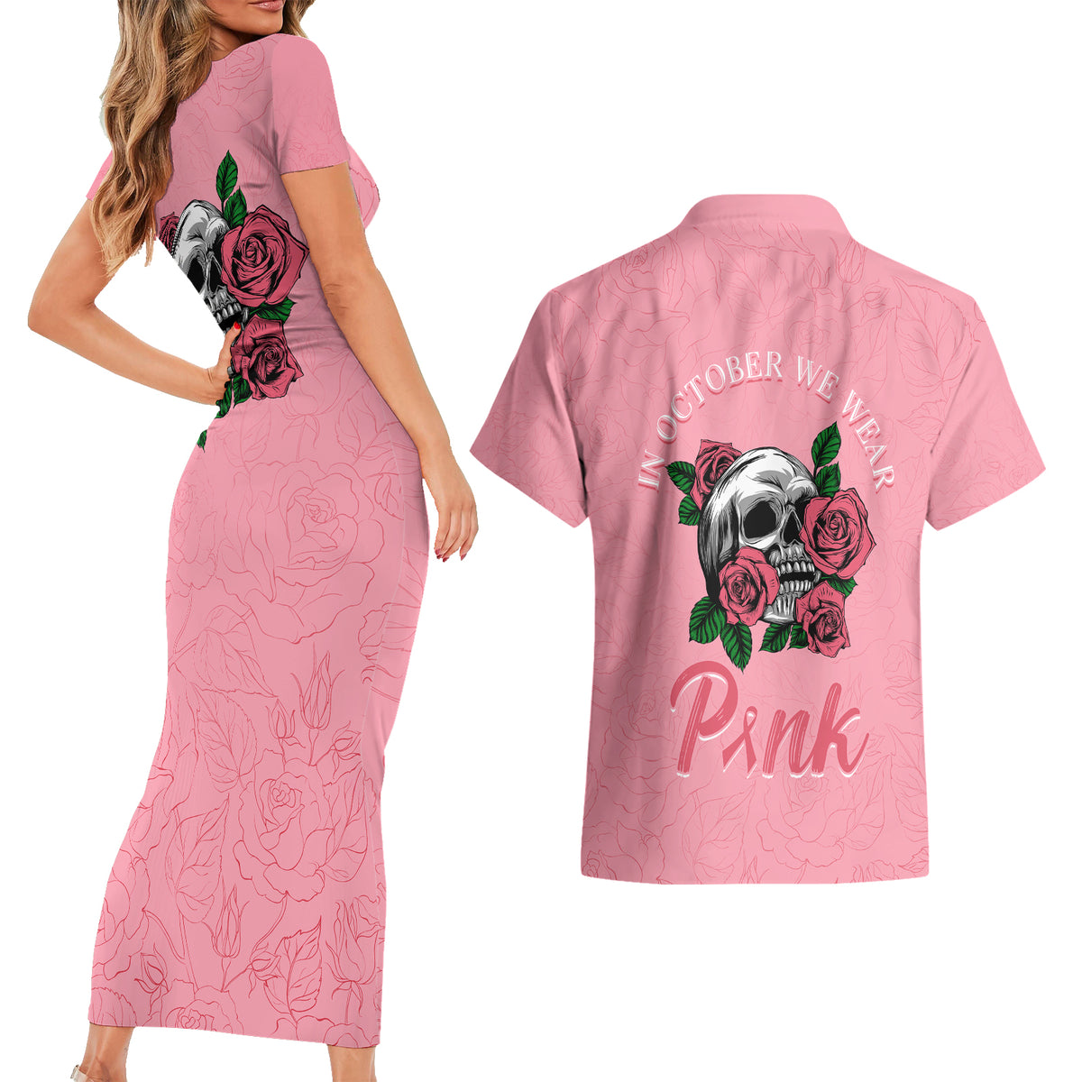 In October We Wear Pink Breast Cancer Awareness Couples Matching Short Sleeve Bodycon Dress and Hawaiian Shirt Skull and Roses - Pink LT7 - Wonder Print Shop