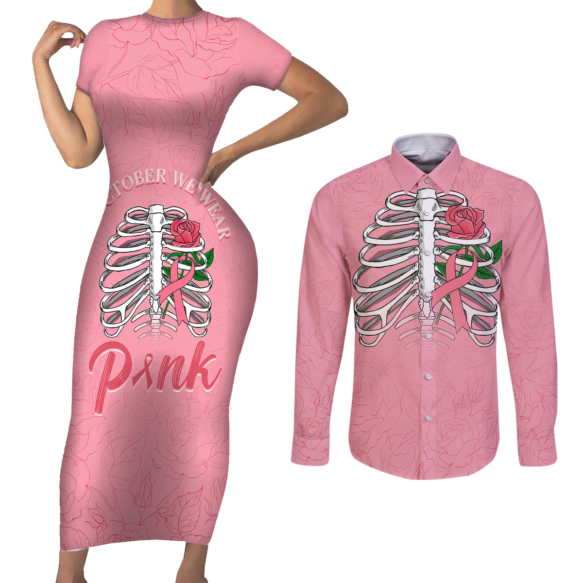 In October We Wear Pink Breast Cancer Awareness Couples Matching Short Sleeve Bodycon Dress and Long Sleeve Button Shirts Skull and Roses - Pink LT7 - Wonder Print Shop