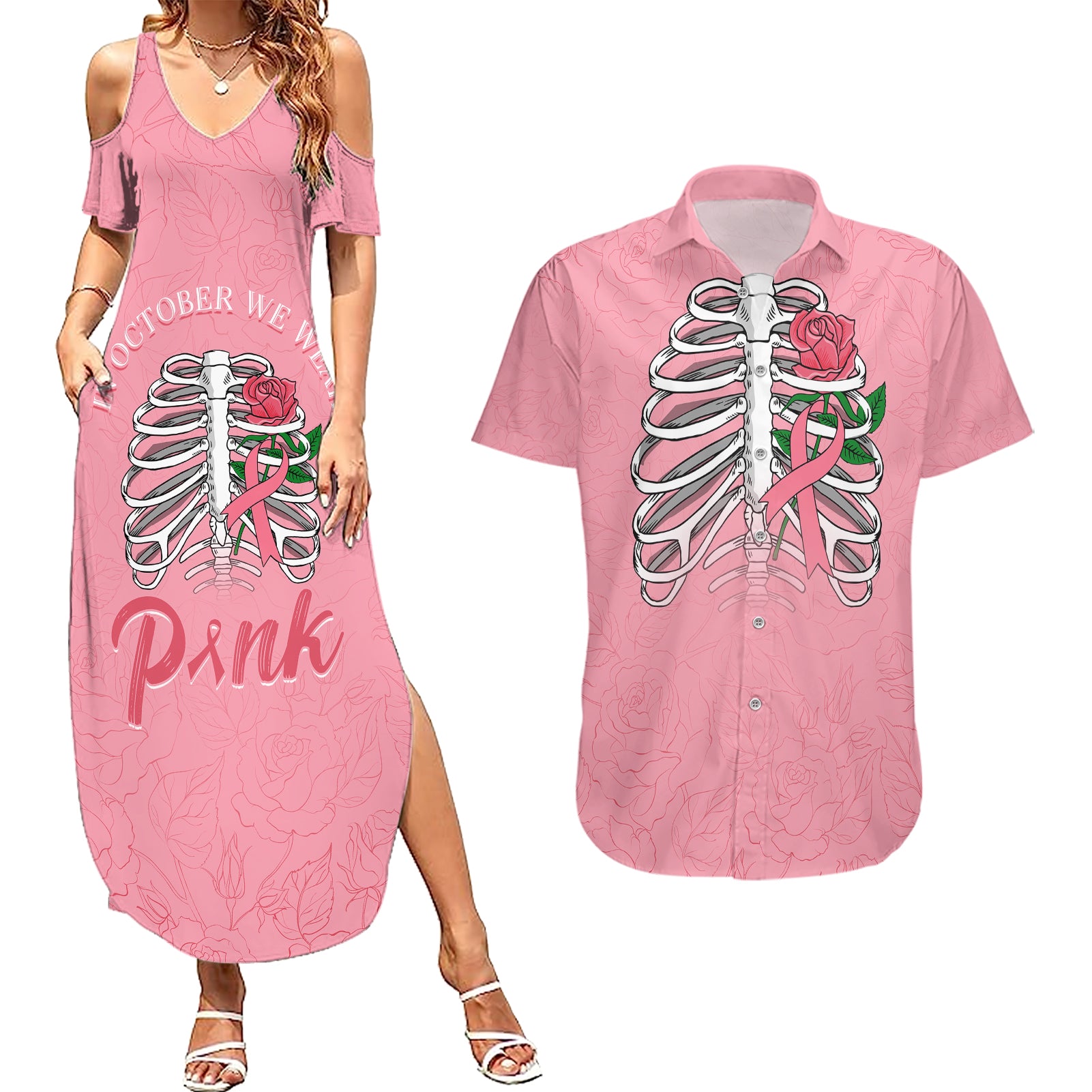 In October We Wear Pink Breast Cancer Awareness Couples Matching Summer Maxi Dress and Hawaiian Shirt Skull and Roses - Pink LT7 - Wonder Print Shop