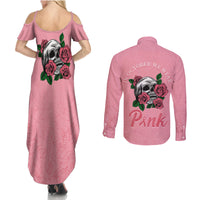 In October We Wear Pink Breast Cancer Awareness Couples Matching Summer Maxi Dress and Long Sleeve Button Shirts Skull and Roses - Pink LT7 - Wonder Print Shop