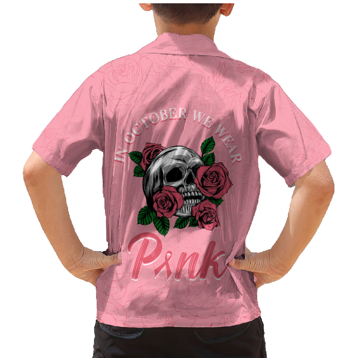 In October We Wear Pink Breast Cancer Awareness Family Matching Mermaid Dress and Hawaiian Shirt Skull and Roses - Pink LT7 - Wonder Print Shop