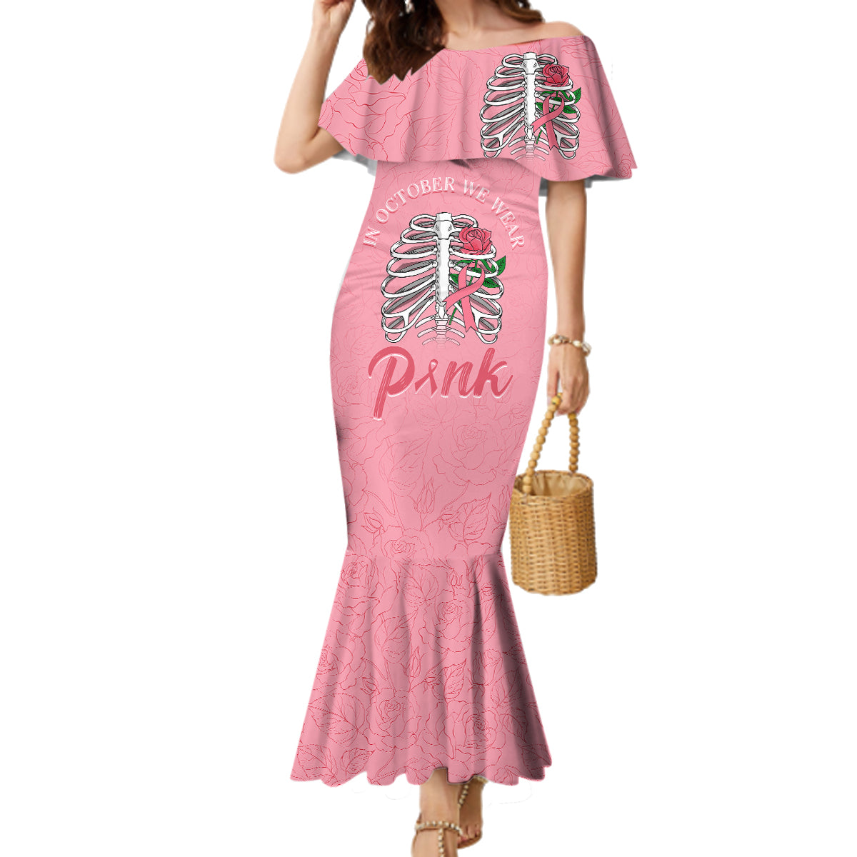 In October We Wear Pink Breast Cancer Awareness Family Matching Mermaid Dress and Hawaiian Shirt Skull and Roses - Pink LT7 - Wonder Print Shop
