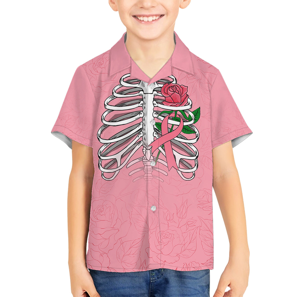 In October We Wear Pink Breast Cancer Awareness Family Matching Off Shoulder Long Sleeve Dress and Hawaiian Shirt Skull and Roses - Pink - Wonder Print Shop