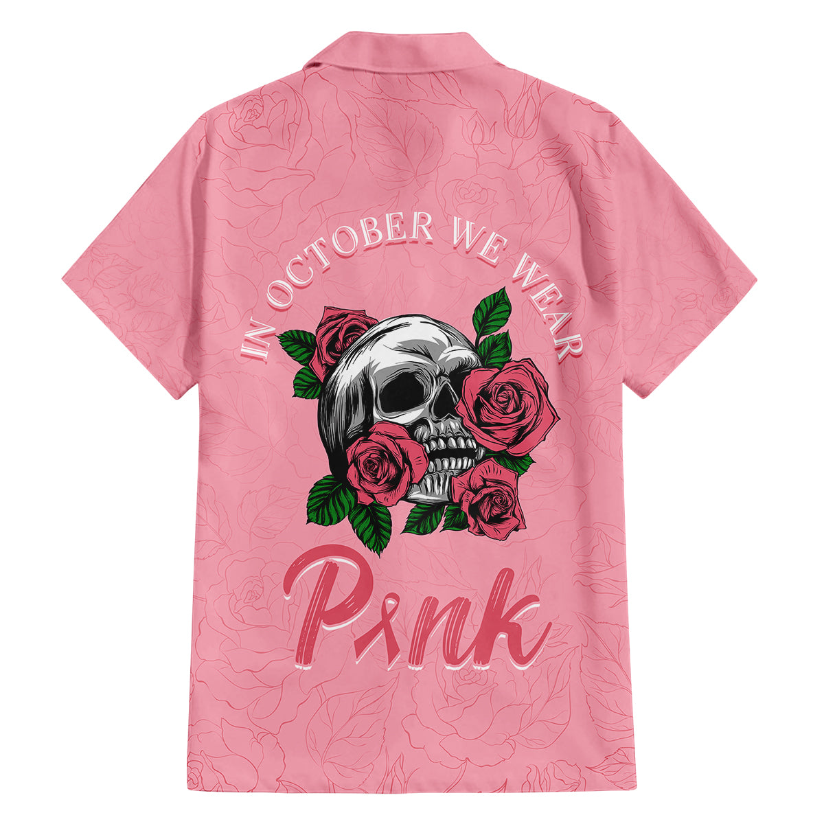 In October We Wear Pink Breast Cancer Awareness Family Matching Off Shoulder Short Dress and Hawaiian Shirt Skull and Roses - Pink LT7 - Wonder Print Shop