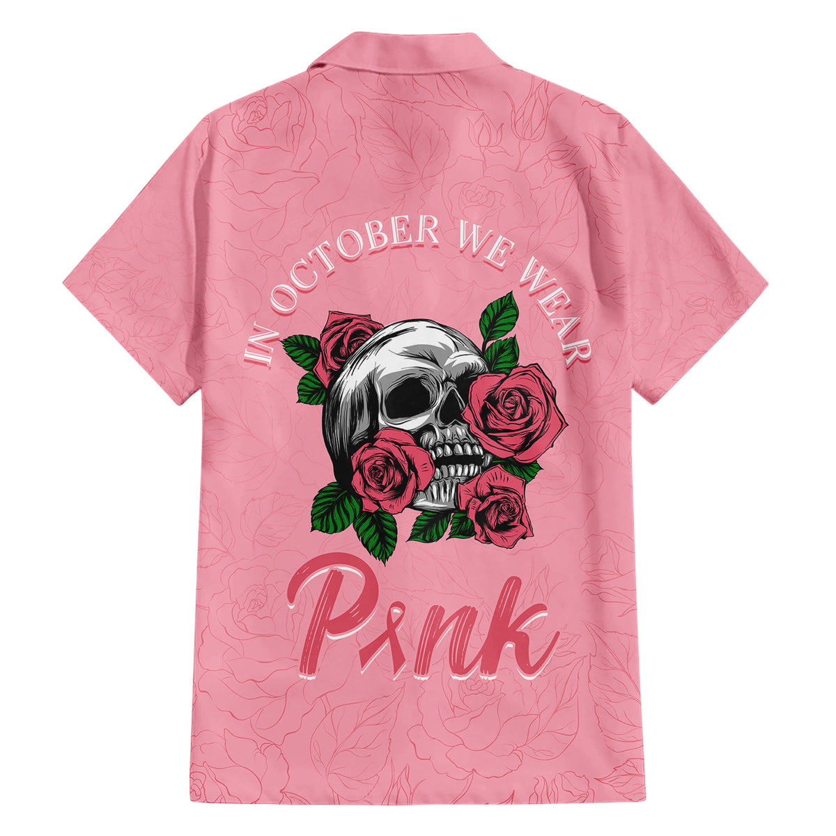 In October We Wear Pink Breast Cancer Awareness Family Matching Short Sleeve Bodycon Dress and Hawaiian Shirt Skull and Roses - Pink - Wonder Print Shop