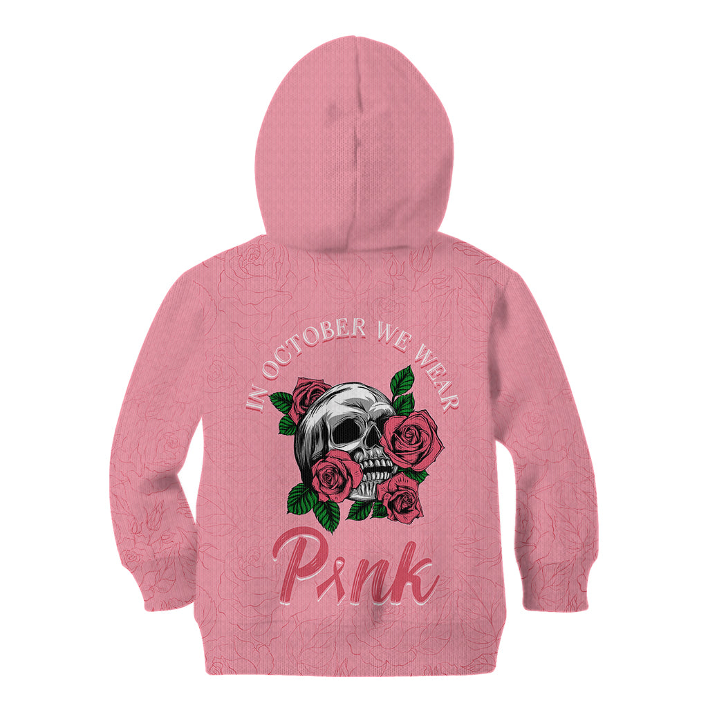 In October We Wear Pink Breast Cancer Awareness Kid Hoodie Skull and Roses - Pink - Wonder Print Shop