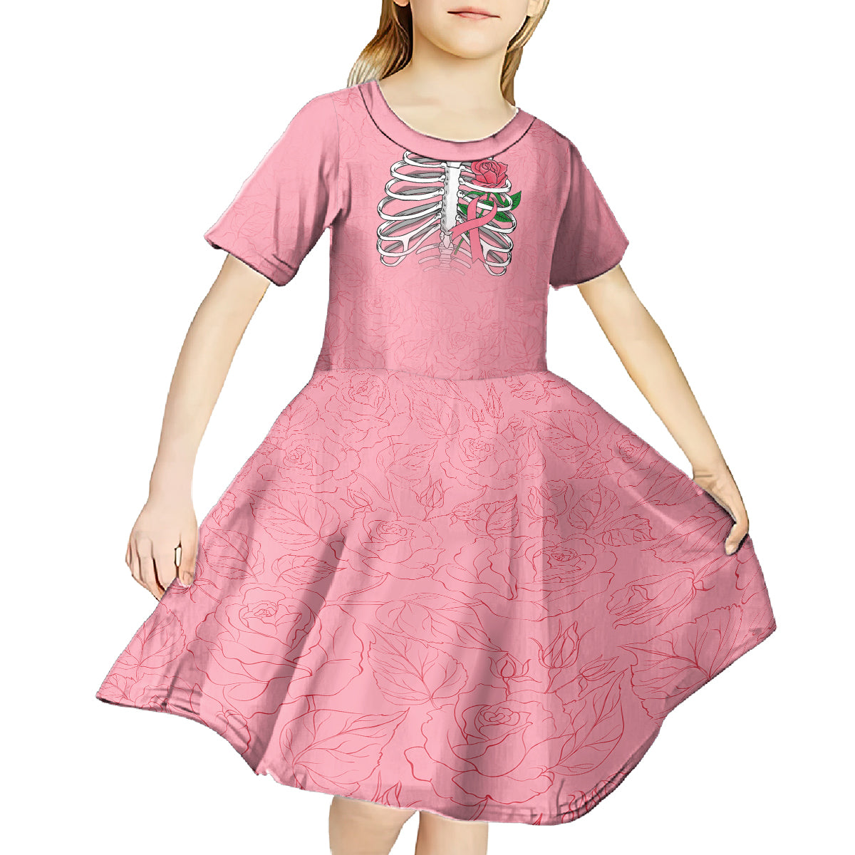 In October We Wear Pink Breast Cancer Awareness Kid Short Sleeve Dress Skull and Roses - Pink - Wonder Print Shop