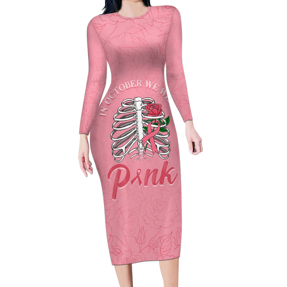 In October We Wear Pink Breast Cancer Awareness Long Sleeve Bodycon Dress Skull and Roses - Pink - Wonder Print Shop