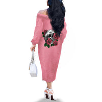 In October We Wear Pink Breast Cancer Awareness Off The Shoulder Long Sleeve Dress Skull and Roses - Pink - Wonder Print Shop