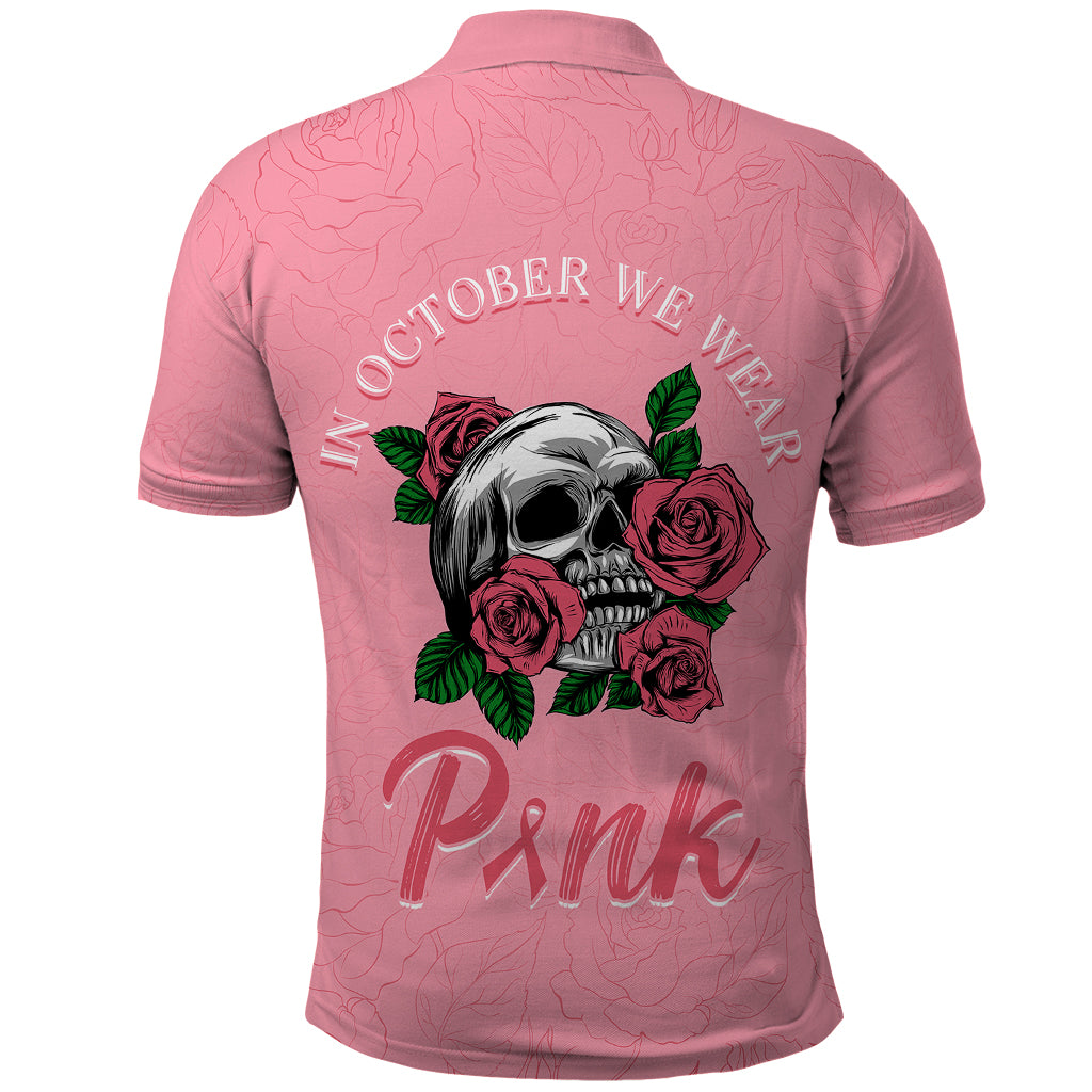In October We Wear Pink Breast Cancer Awareness Polo Shirt Skull and Roses - Pink - Wonder Print Shop