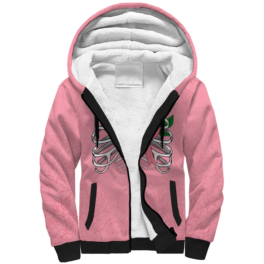 In October We Wear Pink Breast Cancer Awareness Sherpa Hoodie Skull and Roses - Pink - Wonder Print Shop
