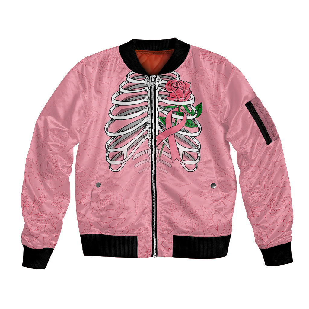 In October We Wear Pink Breast Cancer Awareness Sleeve Zip Bomber Jacket Skull and Roses - Pink - Wonder Print Shop