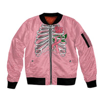 In October We Wear Pink Breast Cancer Awareness Sleeve Zip Bomber Jacket Skull and Roses - Pink - Wonder Print Shop