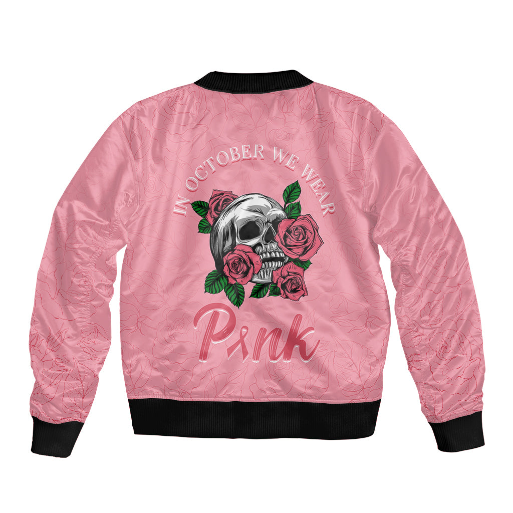 In October We Wear Pink Breast Cancer Awareness Sleeve Zip Bomber Jacket Skull and Roses - Pink - Wonder Print Shop