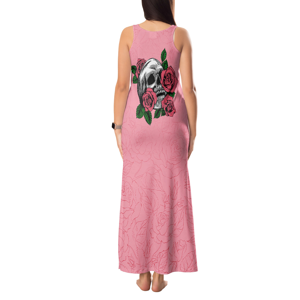In October We Wear Pink Breast Cancer Awareness Tank Maxi Dress Skull and Roses - Pink - Wonder Print Shop