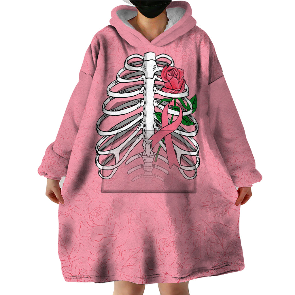 In October We Wear Pink Breast Cancer Awareness Wearable Blanket Hoodie Skull and Roses - Pink - Wonder Print Shop