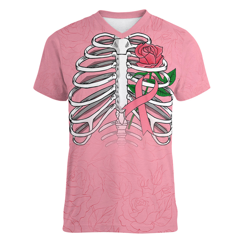 In October We Wear Pink Breast Cancer Awareness Women V Neck T Shirt Skull and Roses - Pink - Wonder Print Shop