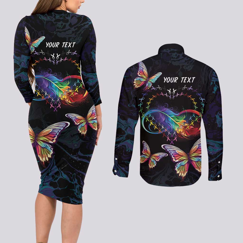 Fight Cancer In All Colors Couples Matching Long Sleeve Bodycon Dress and Long Sleeve Button Shirt Whimsical Butterflies LT7 - Wonder Print Shop